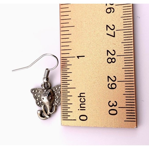 Elephant Head Earrings Silver Tone Big Ears Dangle Bali Style Good Luck Trunk Up - Picture 6 of 8